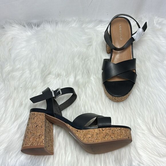Lane Bryant NWT Dream Cloud Black Faux Leather Cork Platform Heels Sz 10 WIDE - Picture 2 of 8